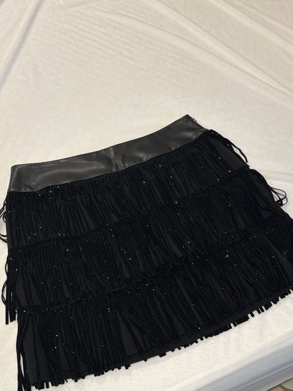 DKNY Black Fringe Mini Skirt with Faux Leather Waistband